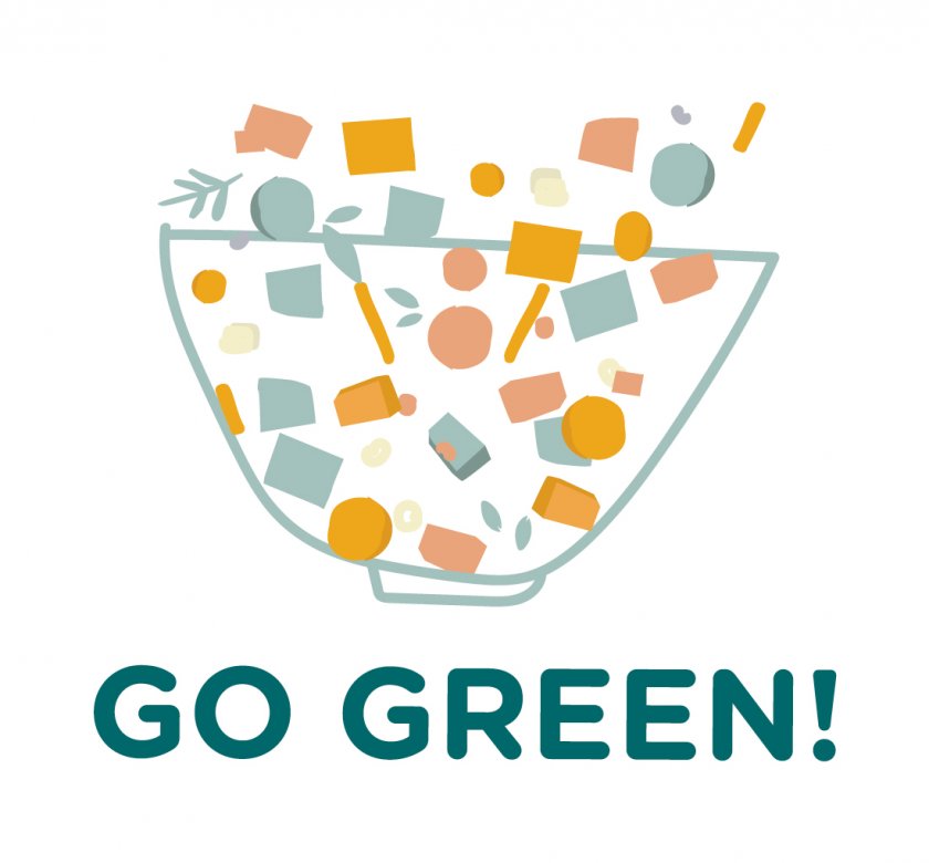 Ilustración vectorial de una ensalada con los ingredientes en movimiento y el texto "Go green!"