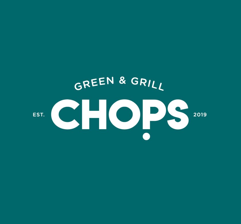 Logotipo blanco sobre fondo verde de Chops Green and grill 2019